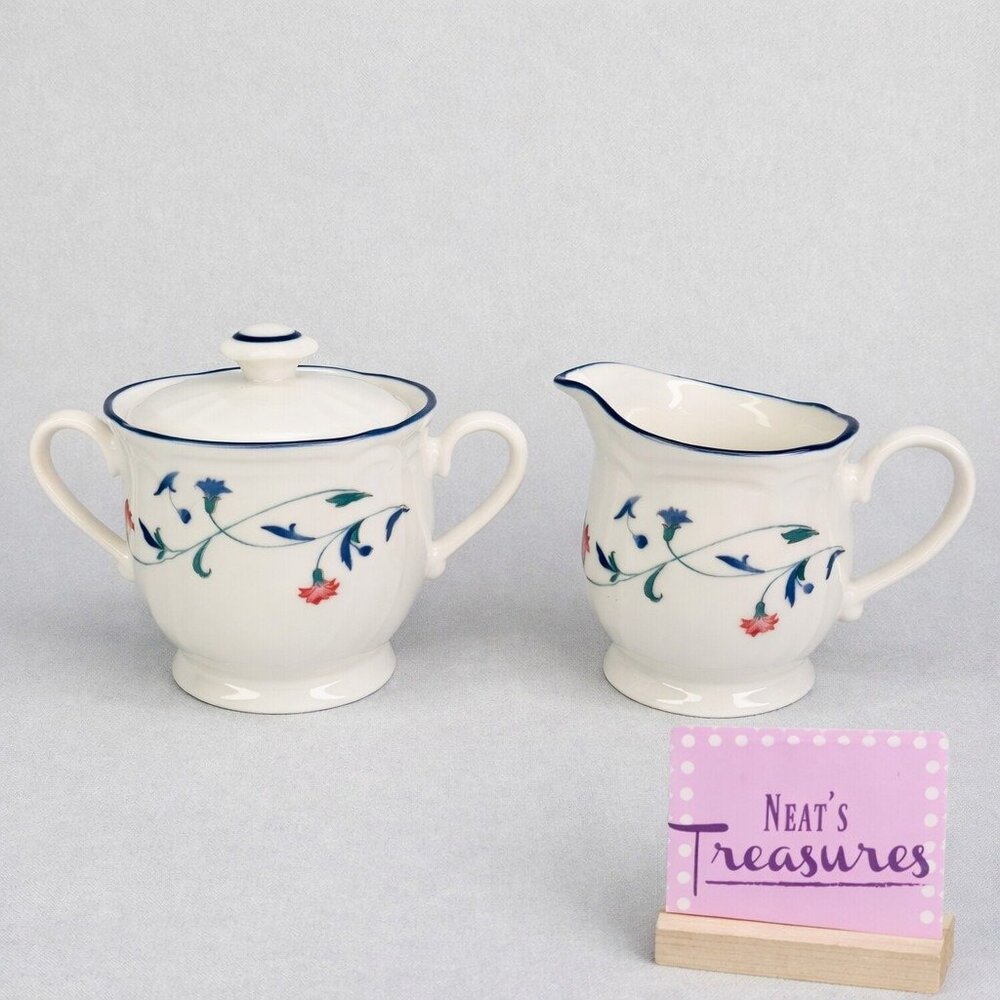 90's Epoch GARDEN GROVE E803 Pink Blue Flowers Liidded Sugar Bowl & Creamer Set